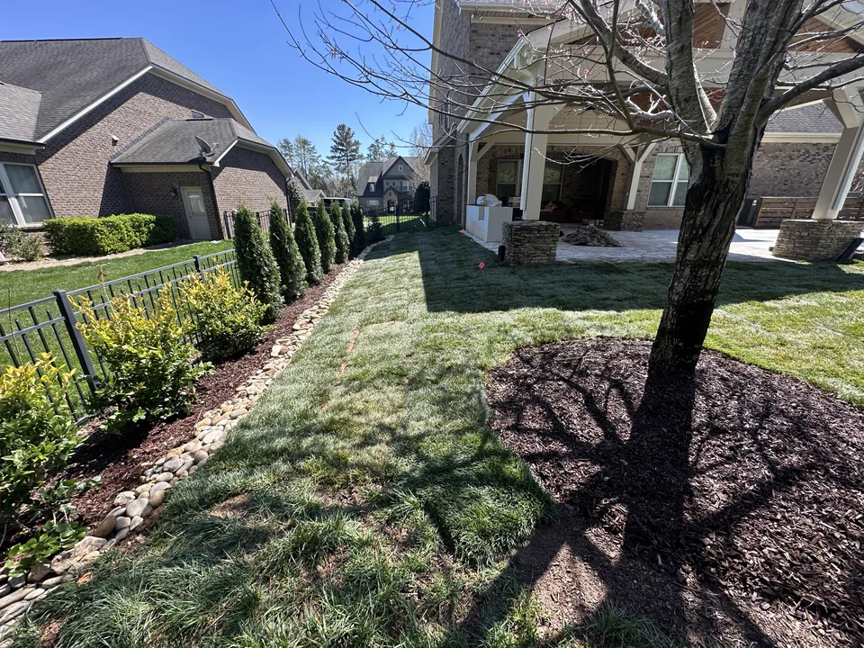 Evergreen privacy planting, river-rock edging and new sod beside a covered patio
